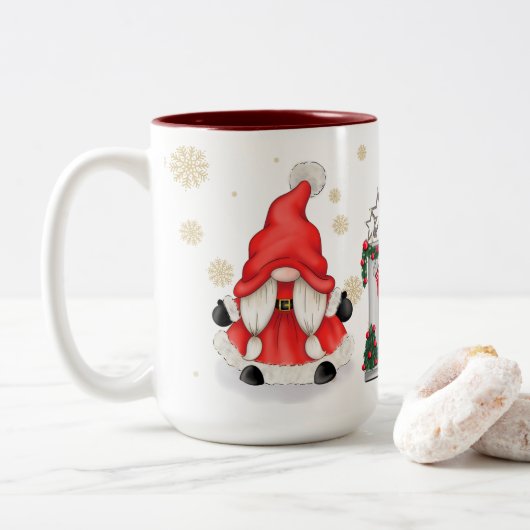 Kerstthema Kerstmis Gnome Tweekleurige Koffiemok (Met donut)