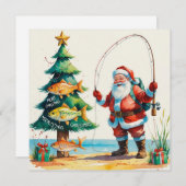 Kerstthema met kerstman vissen feestdagenkaart (Voorkant / Achterkant)
