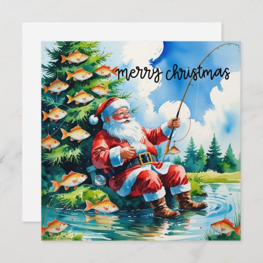 Kerstthema met kerstman vissen feestdagenkaart (Voorkant / Achterkant)