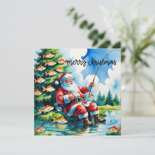 Kerstthema met kerstman vissen feestdagenkaart (Staand voorkant)
