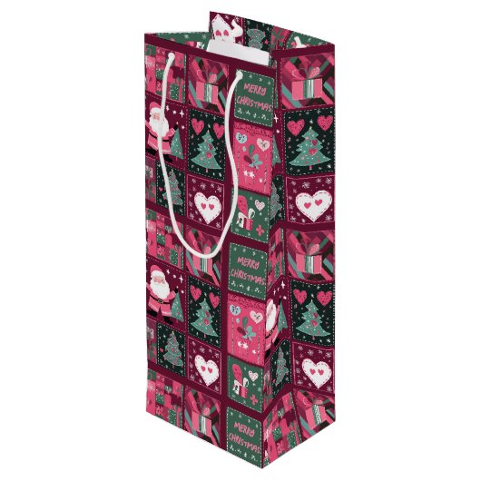Kerstthema Paarse en roze vrolijke kerst Wijn Cadeautas (Achterkant Gekanteld)