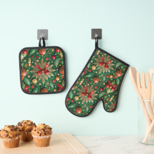 Kerstthema patroon gouden sneeuwvlok ovenwant & pannenlap set