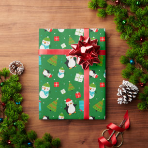 Kerstthema Patroon Schattige Kind Groene Gift Wrap Cadeaupapier