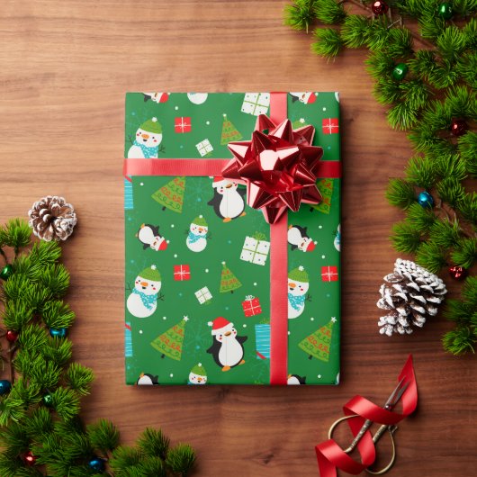 Kerstthema Patroon Schattige Kind Groene Gift Wrap Cadeaupapier (Feestdagen Geschenken)
