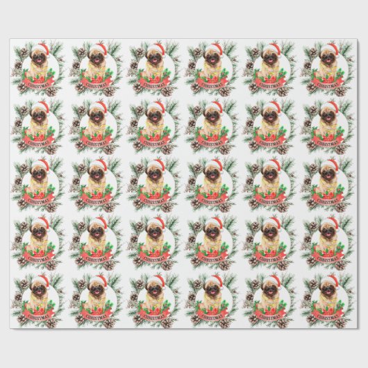 Kerstthema Pug Cadeaupapier (Vlak)