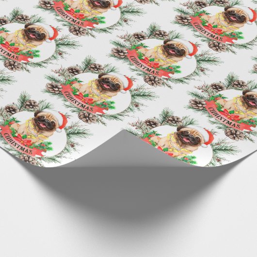 Kerstthema Pug Cadeaupapier (Hoek)