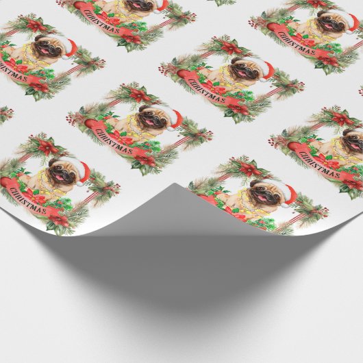Kerstthema Pug Cadeaupapier (Hoek)