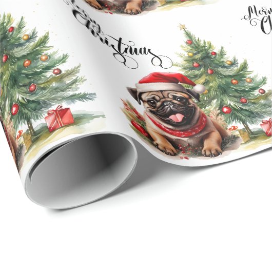 Kerstthema Pug Cadeaupapier (Rol Hoek)