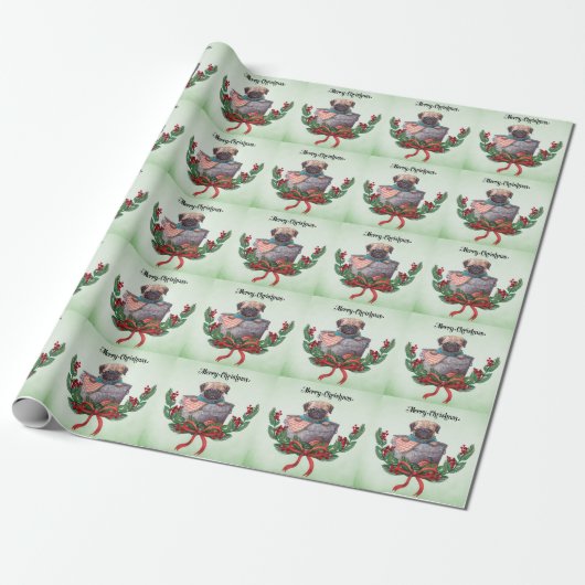 Kerstthema Pug Cadeaupapier (Uitgerold)