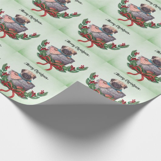 Kerstthema Pug Cadeaupapier (Hoek)
