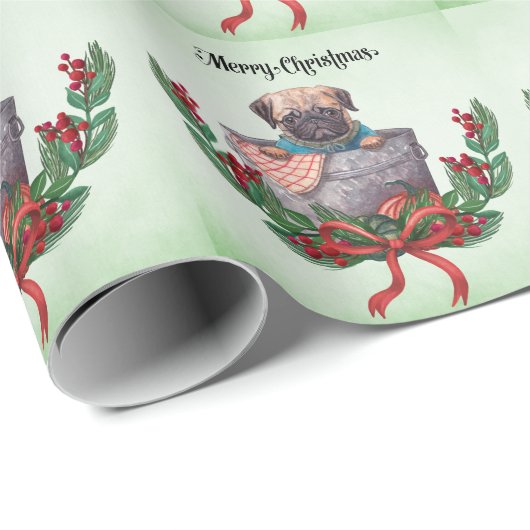 Kerstthema Pug Cadeaupapier (Rol Hoek)