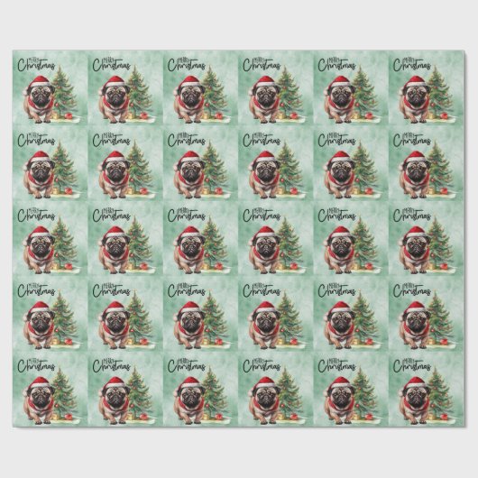 Kerstthema Pug Cadeaupapier (Vlak)