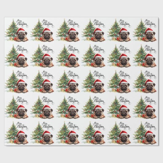 Kerstthema Pug Cadeaupapier (Vlak)