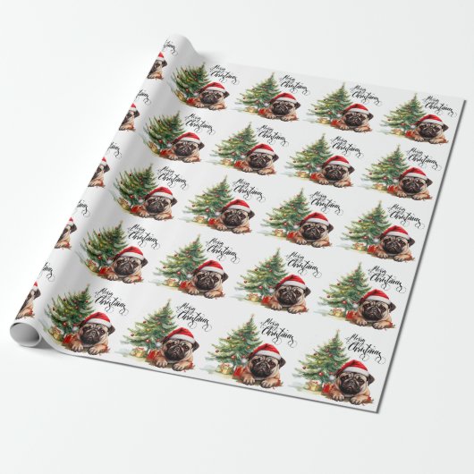 Kerstthema Pug Cadeaupapier (Uitgerold)