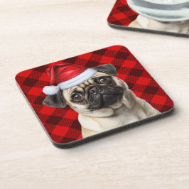 Kerstthema Pug-hond Vakantie Buffalo Plaid Bier Onderzetter