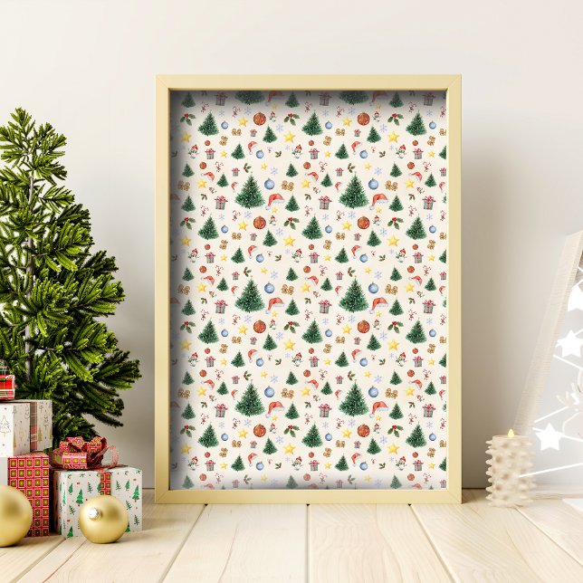 Kerstthema Waterverf Gezellig Whimsical Behang (Christmas Watercolor Wallpaper)