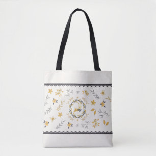 Kersttijd Herten Geel Crème Bloemmotief Blauw Tote Bag