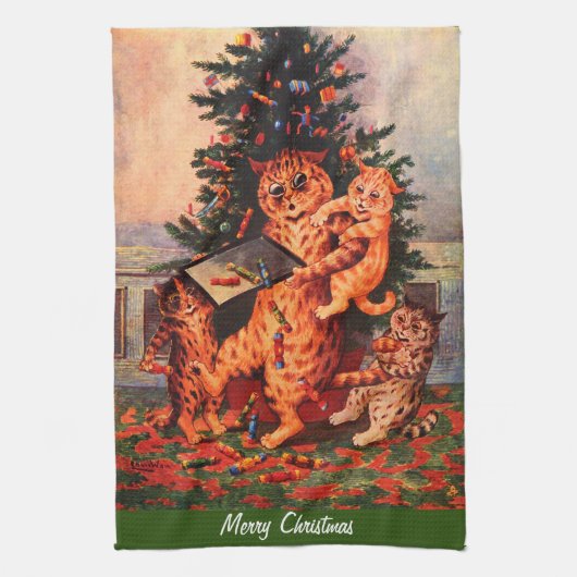 Kersttijd in Catland Louis Wain Theedoek (Verticaal)