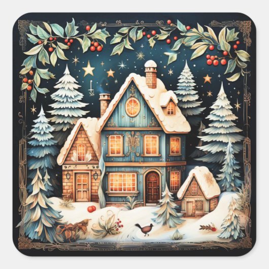 Kersttijd, vintage kersttafereel, vierkante sticker (Voorkant)