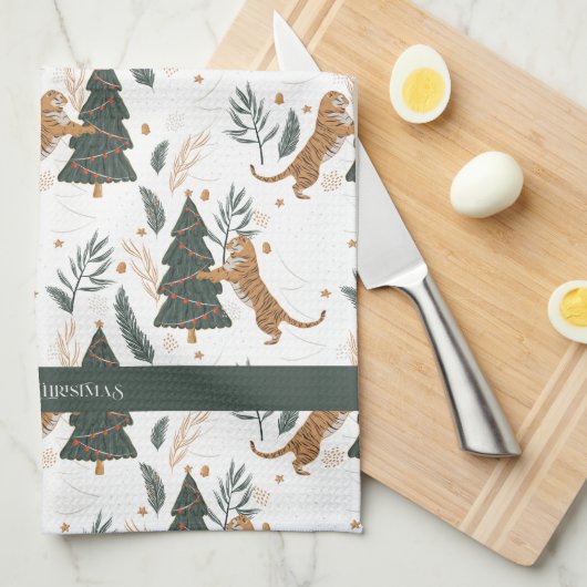Kersttijger en een boompatroon theedoek (Quarter Fold)