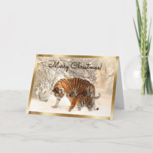Kersttijger en tijgermoeder in het sneeuwbos feestdagen kaart