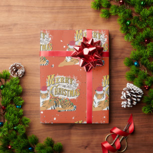  kersttijger en vrolijk kerstfeest cadeaupapier