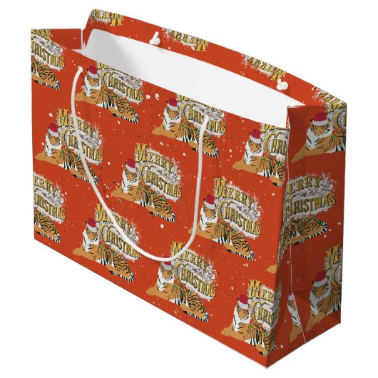  kersttijger en vrolijk kerstfeest groot cadeauzakje (Achterkant Gekanteld)
