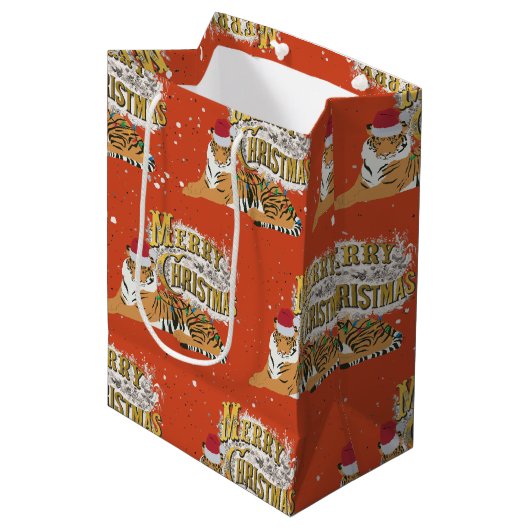  kersttijger en vrolijk kerstfeest medium cadeauzakje (Voorkant Gekanteld)