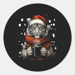 Kersttijger met Santa-hoed koffieliefhebber grappi Ronde Sticker