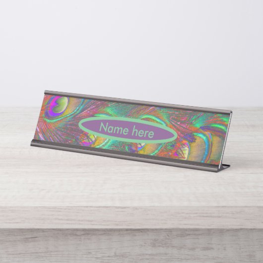 kersttinsel Peacock Feathers gepersonaliseerd Bureau Naambordje (Voorkant)