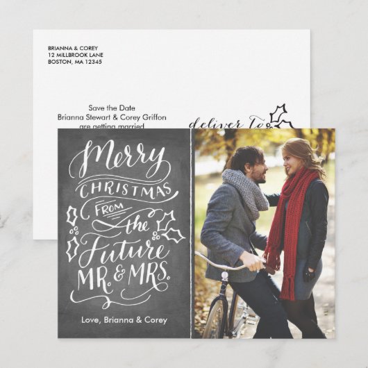 Kersttoekomst Mr en Mrs Photo Save the Date Feestdagenkaart (Voorkant / Achterkant)