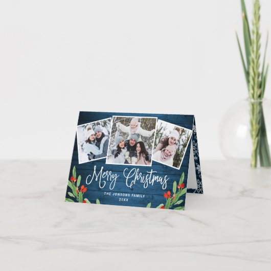 kersttong blauw hout 3-fotografie feestdagen kaart (Voorkant)