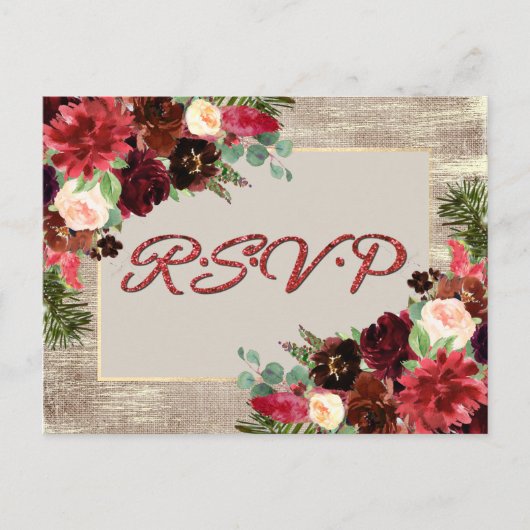 kersttong Boho Floral Burgundy Gold RSVP Briefkaart (Voorkant)