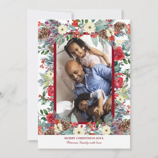 kersttong floral 5 foto-collage burgundy feestdagenkaart (Voorkant)