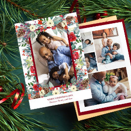 kersttong floral 5 foto-collage burgundy feestdagenkaart