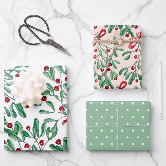 kersttong Mistletoe Waterverf met handbeschilderd Inpakpapier Vel (Voorkant)