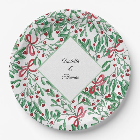 kersttong Mistletoe Waterverf met handbeschilderd Papieren Bordje (Voorkant)