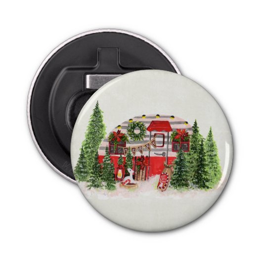 Kersttrailer Camper Outdoorsy Thema Button Flesopener (Voorkant)