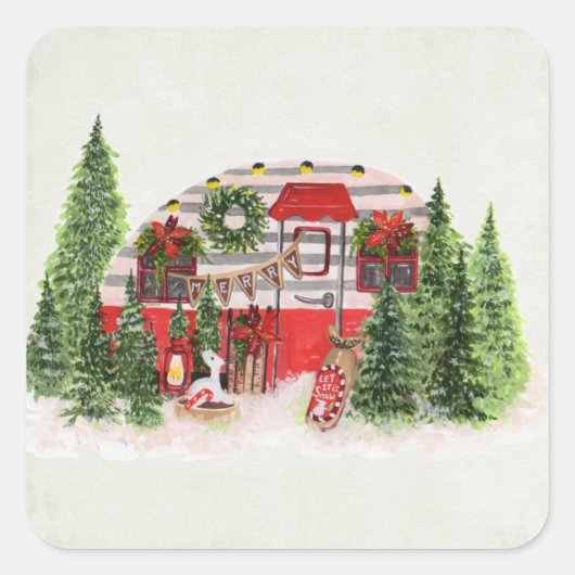Kersttrailer Camper Outdoorsy Thema Vierkante Sticker (Voorkant)