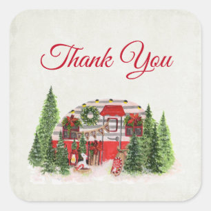 Kersttrailer Camper Rustic Scene Dank u Vierkante Sticker