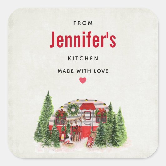 Kersttrailer Camper Rustic Scene Kitchen Vierkante Sticker (Voorkant)