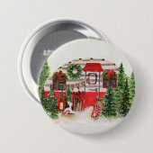 Kersttrailer Camper Rustic Scene Ronde Button 7,6 Cm (Voorkant /achterkant)