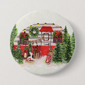 Kersttrailer Camper Rustic Scene Ronde Button 7,6 Cm (Voorkant)