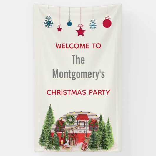 Kersttrailer Camper Rustic Scene Spandoek (Verticaal)