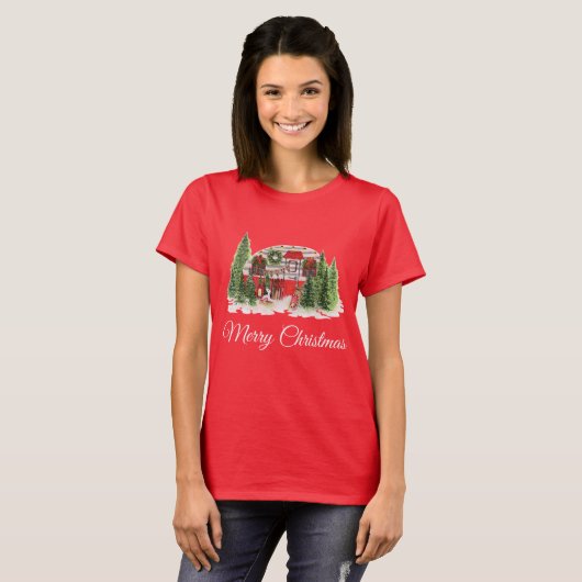Kersttrailer Camper Rustic Scene T-shirt (Voorkant volledig)