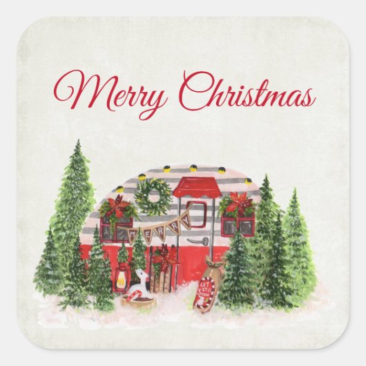 Kersttrailer Camper Rustic Scene Vierkante Sticker (Voorkant)