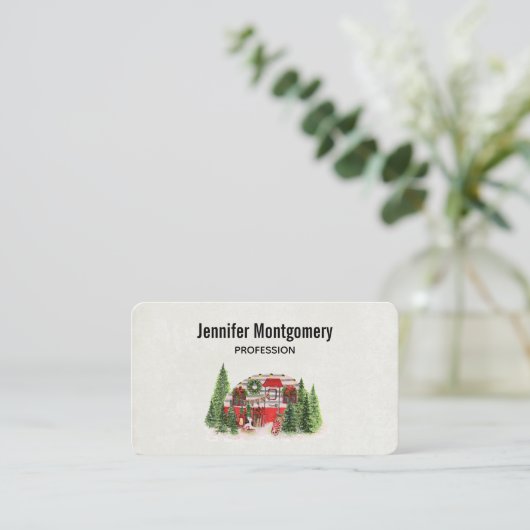 Kersttrailer Camper Rustic Scene Visitekaartje (Staand voorkant)