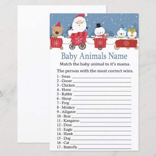 Kersttrein Baby Dieren Naam Game baby shower (Voorkant / Achterkant)