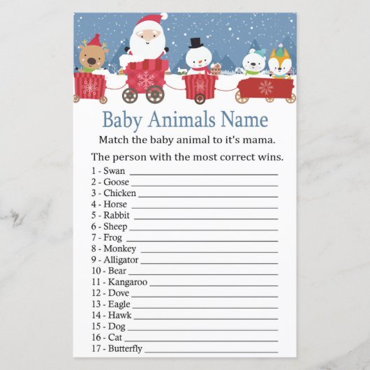 Kersttrein Baby Dieren Naam Game baby shower (Voorkant)