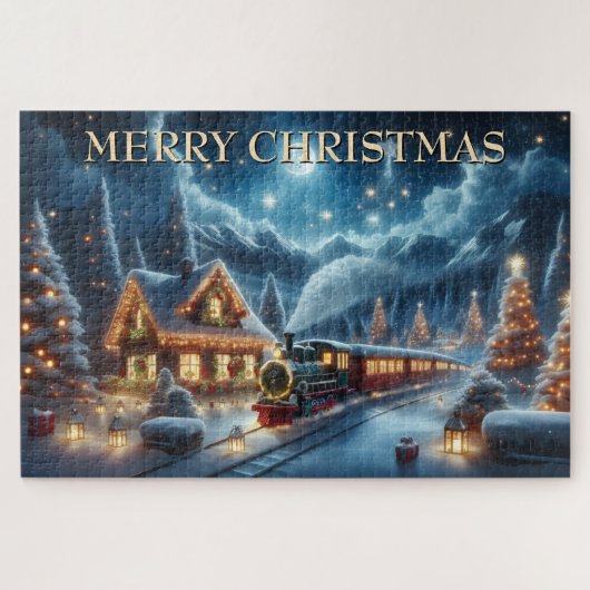 Kersttrein dat versierde berghut passeert legpuzzel (Horizontaal)
